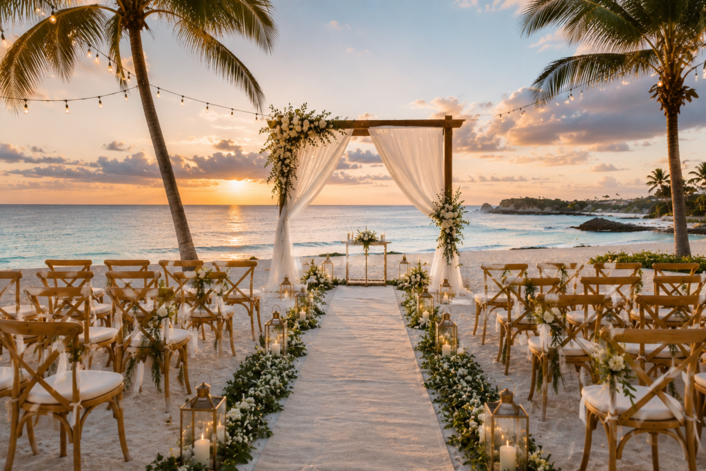beach front wedding decor, chairs, aisle, flowers, arch, pipe and drape, candles