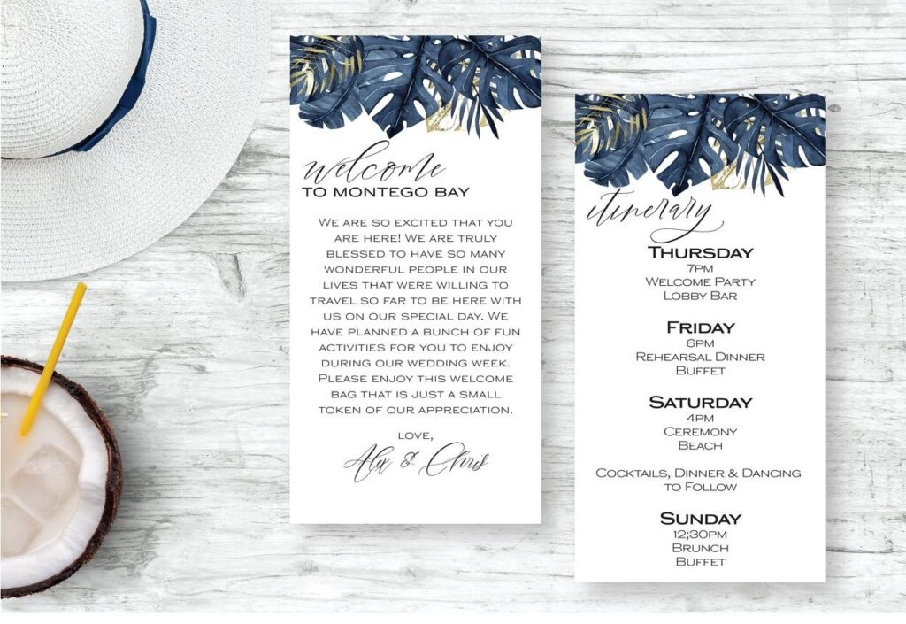 blue and white welcome itinerary for wedding week.