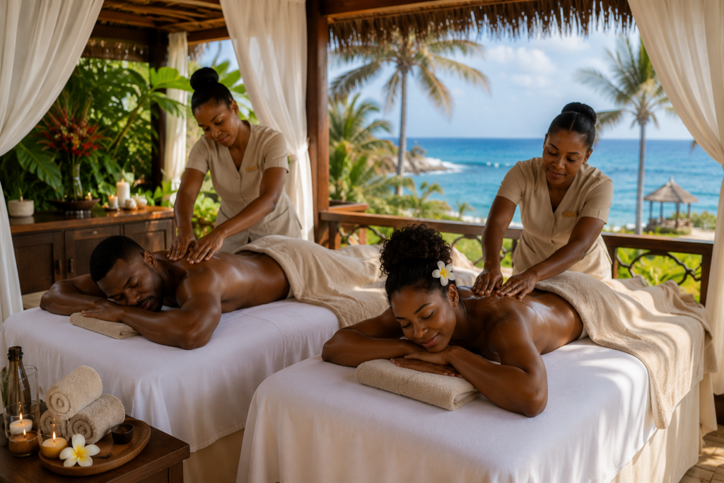 resort massage under hut on beach